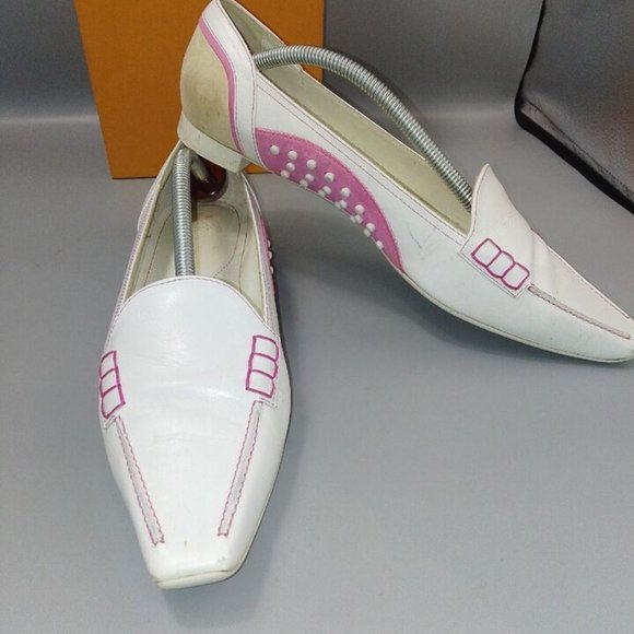 TOD'S White Leather Flat Shoes Size UK 8 EU 41 Eve Sport Pointed Toe Pink-Stitch - Picture 6 of 10